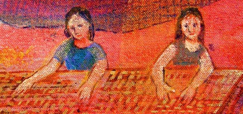 Close-up of two women weaving. Detail of an acrylic painting of a dream by Jenny Badger Sultan: 'Weaving Mats'.