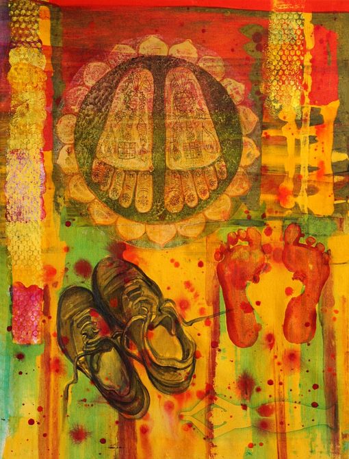 Painting titled 'We Took Off Our Shoes to Enter the Temple', by Jenny Badger Sultan. Click to enlarge.