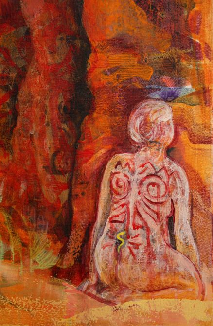 Detail of painting 'When Blood Flows, the Danger is Past': dream of ritual blood designs, by Jenny Badger Sultan. Click to enlarge