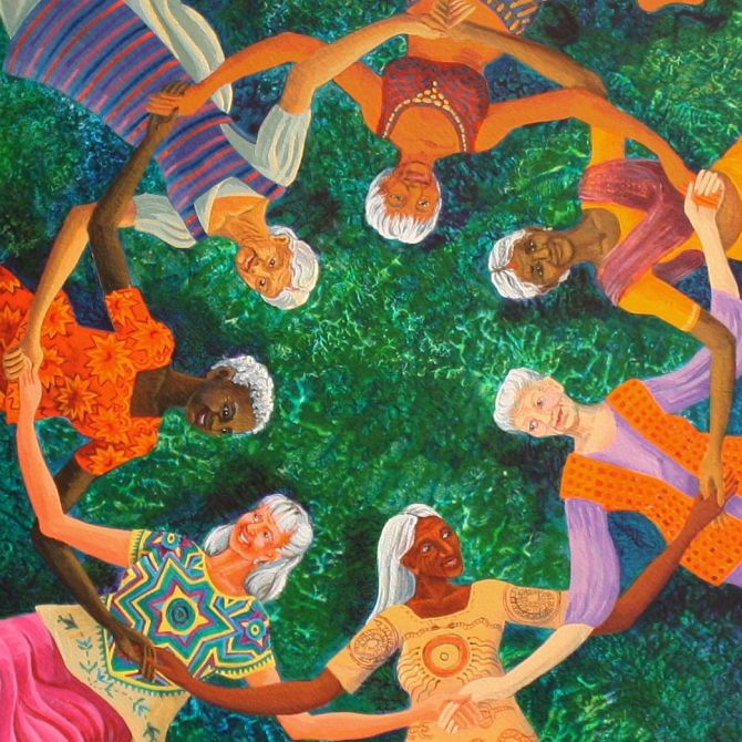 Center of a dream painting titled 'White-Haired Women', by Jenny Badger Sultan. Click to enlarge