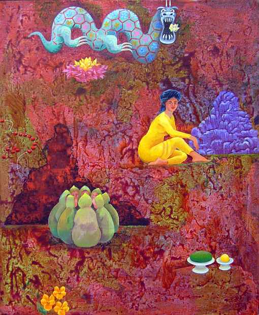 Acrylic painting by Jenny Badger Sultan of a series of dreams about color: a blue dragon, maroon and gold flowers, a seated Persian woman in a yellow robe, a circle of kids in green hoods; background of reddish rocks.