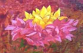 Acrylic painting by Jenny Badger Sultan of a dream of yellow and red bougainvilleas.