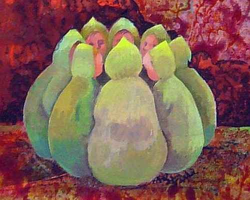 Acrylic painting by Jenny Badger Sultan of a dream: children sit in a tight circle, wearing pointed green hoods, looking like seedpods.