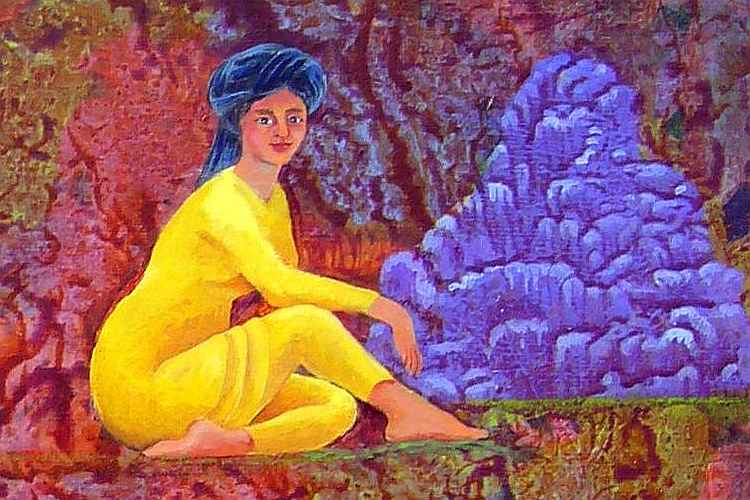Acrylic painting by Jenny Badger Sultan of a dream: a seated woman in a rich yellow robe by an pyramidal indigo carving.